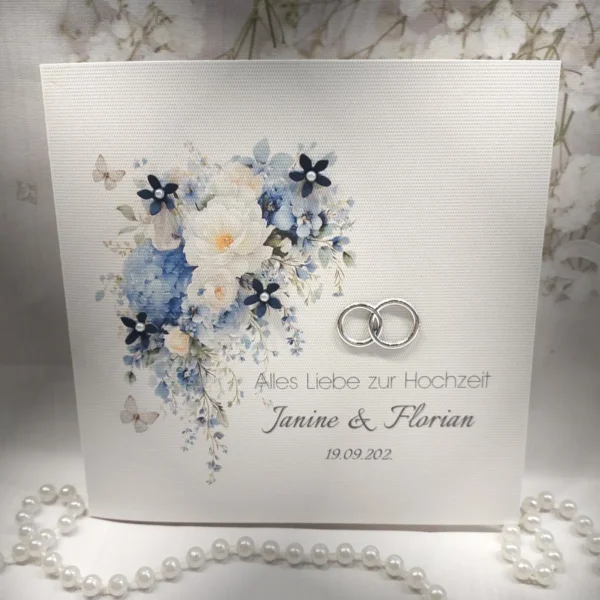 Glückwunschkarte zur Hochzeit "Blütentraum in blau creme" Design 171