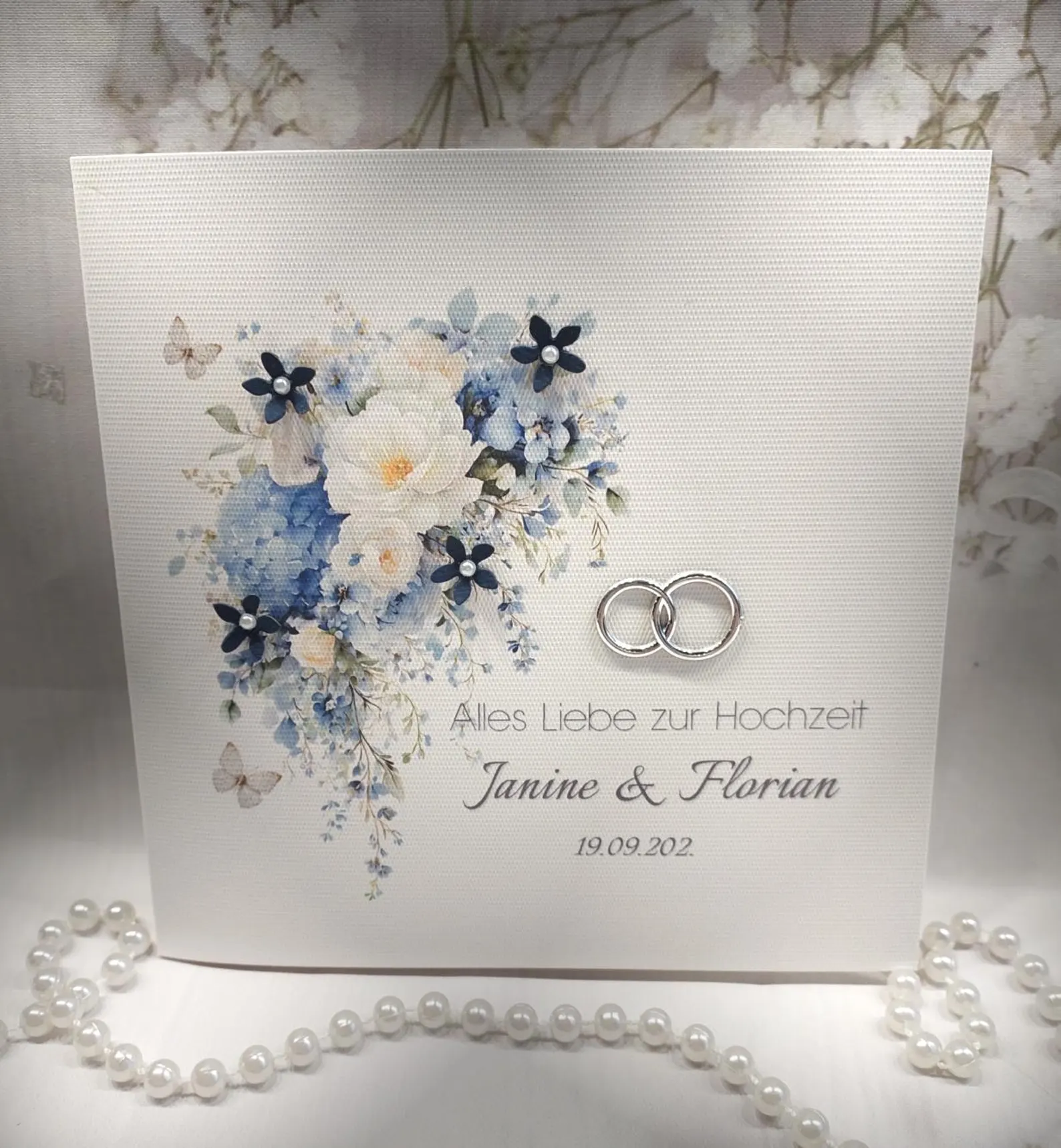 Glückwunschkarte zur Hochzeit "Blütentraum in blau creme" Design 171