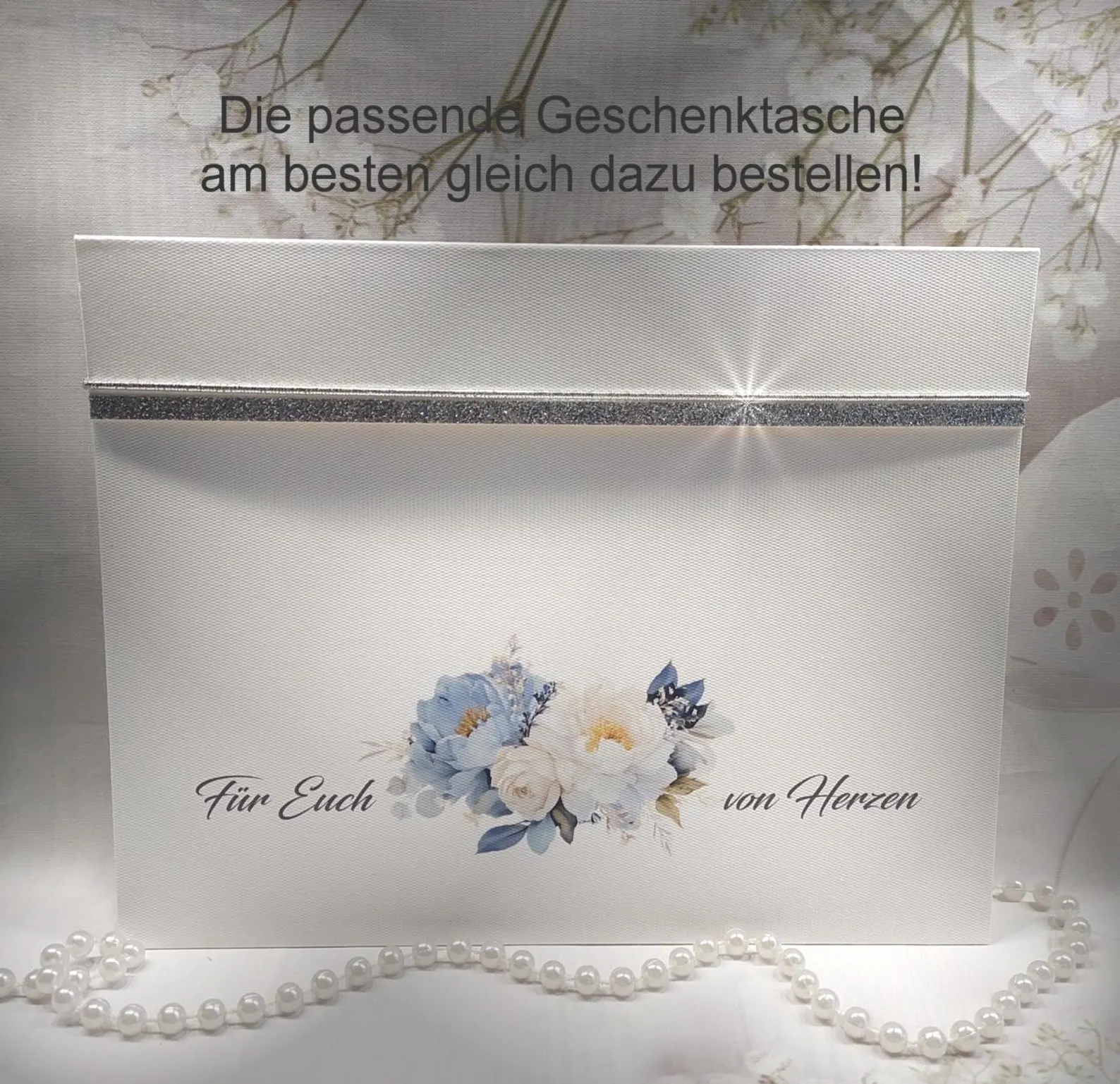 Hochzeitskarte mit blauem Blumenkranz – Glückwunschkarte zur Hochzeit, florale Karte mit Schleife, Design 172 – Bild 2