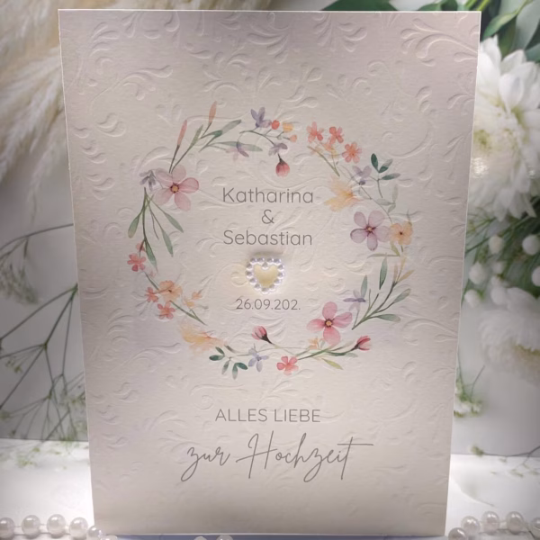 Glückwunschkarte zur Hochzeit, Blumenkranz, Hochzeitsgeschenk zum kleinen Preis Design 184