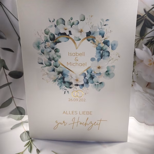 Romantische Hochzeitskarte mit Eukalyptusherz und zarten Blüten Design 185